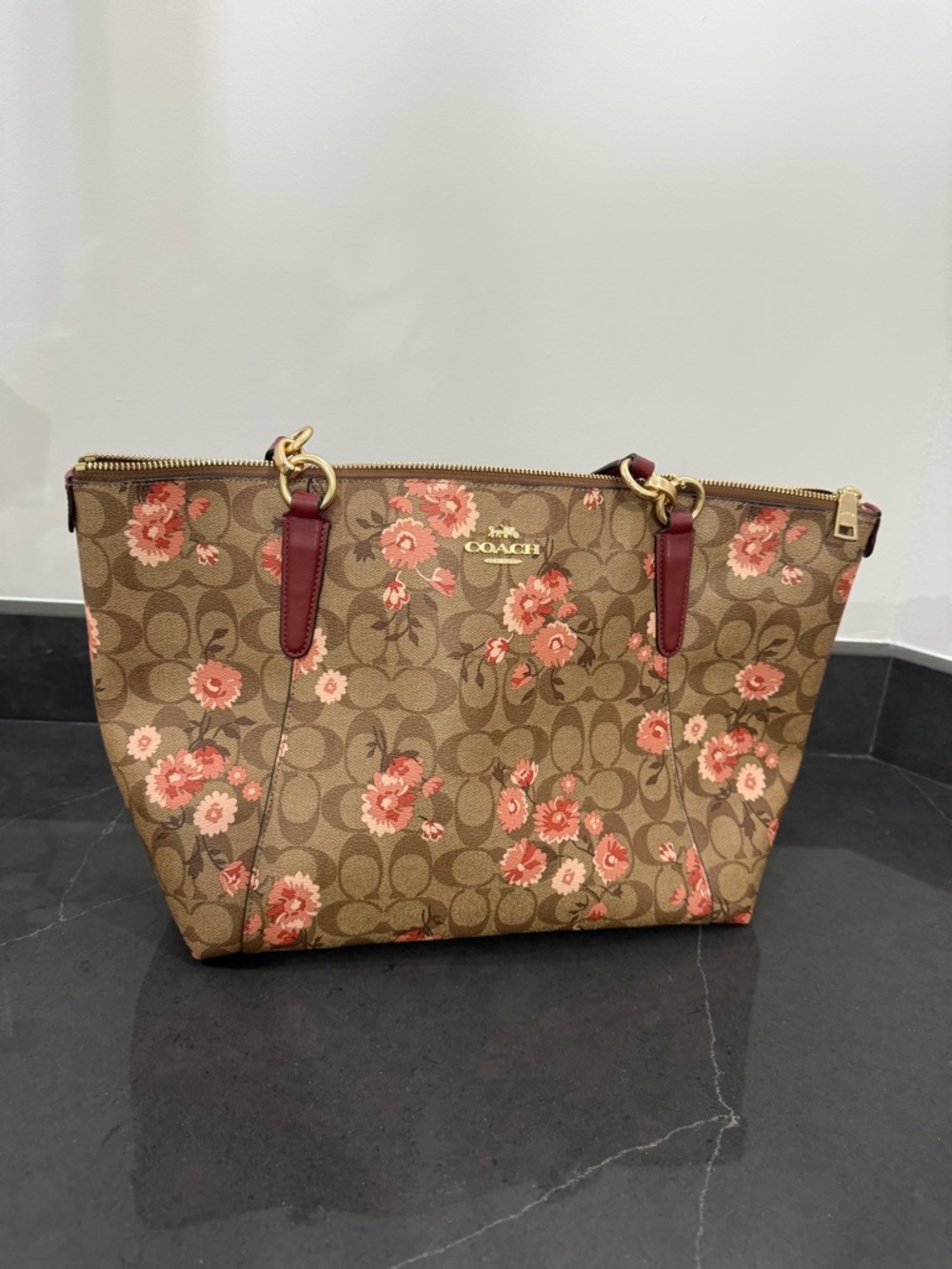 Coach Brown Signature Floral Tote with Pink Accents